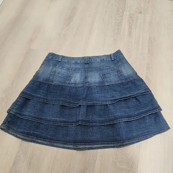 MXM Denim Tiered Ruffle Mini Skirt Size 14 Y2K Boho Festival Western - Picture 4 of 8